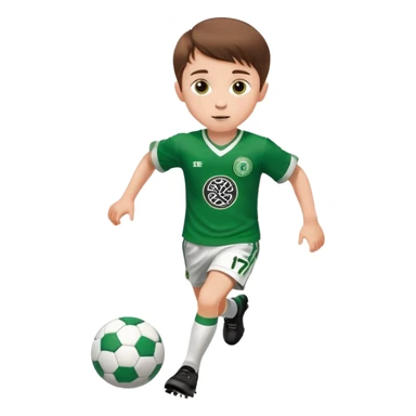 Celtic footballer jersey logo  6 years old brown hair white boy , brown eyes , stripes uniform , RUNNING  with soccer ball # 17 celtic football logo PUT ONLY ONE LOGO ONE CELTIC LOGO ONLY white shorts sticker