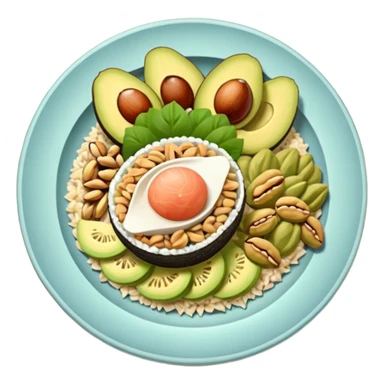plato con comida variada granos aguacate rebanado salmon nueces arroz

 sticker