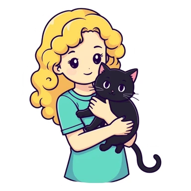 Girl with curly blonde hair holding a black cat sticker