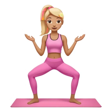 Mujer color de piel moreno claro con cabello rubio suelto y lacio, que tenga gloss en los labios y se vea usando Blush rosita, usando un top rosa deportivo y leggins deportivo rosa en una pose de yoga, viendo hacia enfrente con ojos negros y sonriendo sin mostrar los dientes sticker