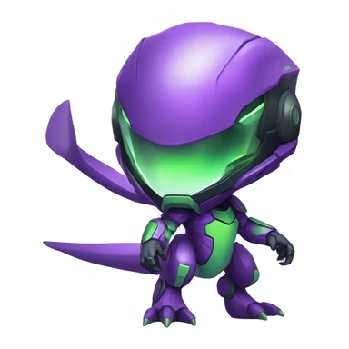 a chibi-style purple-green Genesect-Raptor-Fakémon—hybrid with a futuristic visor-helmet full body sticker
