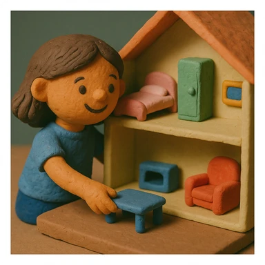 smiling girl arranging furniture in doll house sticker