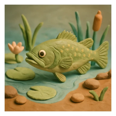 largemouth bass swimming in a pond, visible fingerprints, pastel colors, claymation style sticker