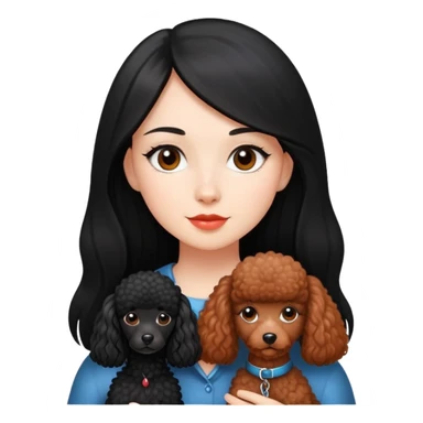 A beautiful girl with fair skin has long straight black hair and a miniature reddish-black Poodle. sticker
