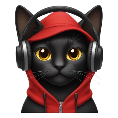 Black cat wearing red hoodie with a top hat and headphones sticker