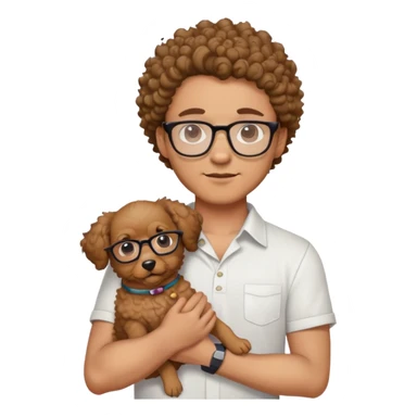 buatkan emoji laki laki kuliahan dengan rambut ikal menggunakan kacamata, menggendong anjing lucu tanpa kacamata, warna baju putih, dan latar foto putih sticker