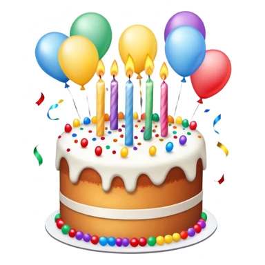 Realistic birthday cake with ballons, candles, confetti sticker