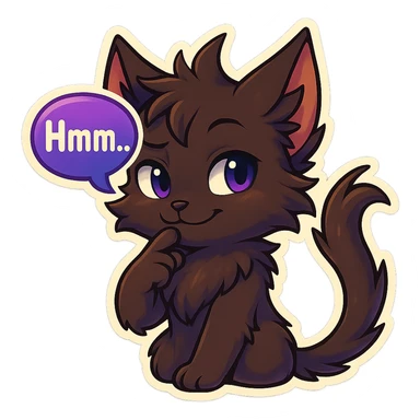 a dark-brown fluffy cute kawaii anthropomorphic furry anime cat-furry with tufted ears and a long thin tufted tail, thinking, smirking thoughtfully, saying “Hmm..” with a purple speech bubble, (cartoon style) (cute anime style) (furry style) (deviantArt style) (artist style: Kamirah) sticker