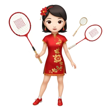 ancient cheongsam girl with 1 badminton racket, red sticker