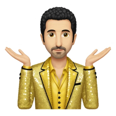 Serj Tankian with ivory sequin jacket, yellow shirt sticker