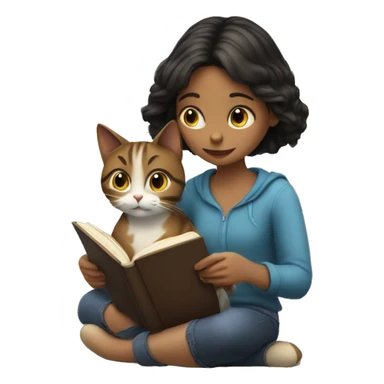 a girl reading a book and a cat sticker
