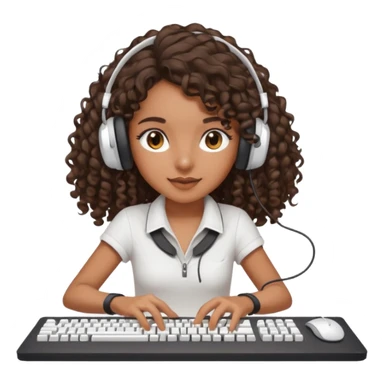 Brown skin Spanish girl with long dark curly hair, wearing a white gaming headset and playing on keyboard with a gaming mouse i sticker
