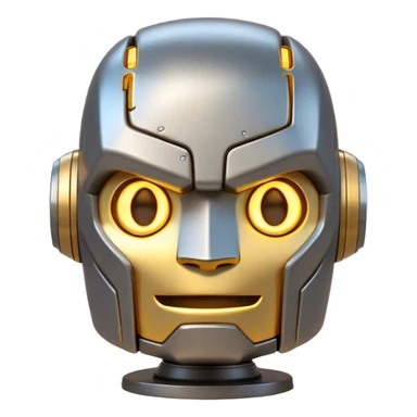 Cinematic Cute Mighty Iron Golem Portrait Emoji Head tilted playfully and inquisitively, featuring a sleek yet sturdy metal form with smooth, polished steel plating and glowing golden engravings, accented by faintly humming energy veins that pulse with life; rendered with lifelike clarity and soft, natural reflections, high shine, charming yet robust, styled with a touch of whimsical fantasy, soft glowing outline, capturing the essence of a watchful yet endearing golem, as if it might shift its massive head with a slow, thoughtful nod at any moment! sticker