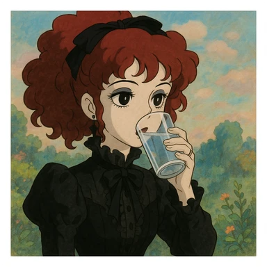 goth girl with red cherry curly hair drinking water sticker