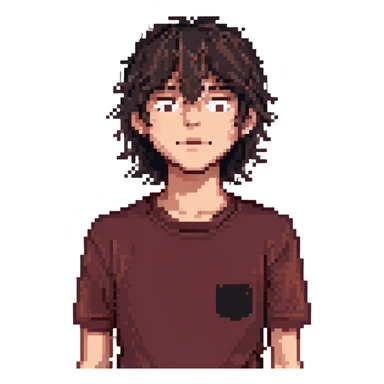 A boy with bangs covering his eyes, long hair sticking out at the back, and long sideburns. He has brown eyes and dark brown hair. He is wearing a maroon t-shirt and has an elongated jaw. He has two moles on the right side of his face, one below the eye and one on the cheek. sticker