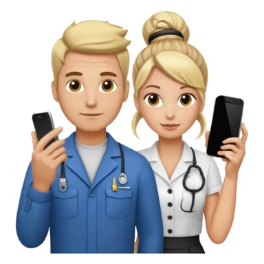 White male electrician and pretty blond office hair stylist with a bun holding phone sticker