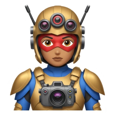 Un photographe high tech du futur, avec du matériel, une armure de terrain à la super héro. Il a des appareils photos, des caméras embarquées et un drone  sticker