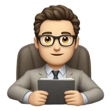 Pale skinned Fit Man With dark brown hair in gray jacket, beige office shirt and vintage glasses sitting In a soft chair with a notebook with emblem Ψ and a pen in his hands sticker