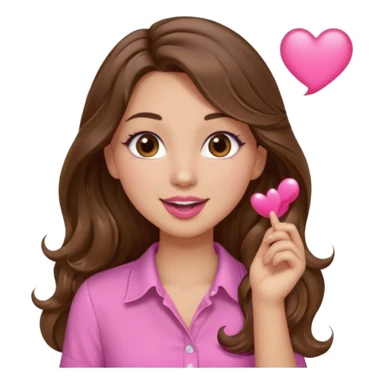 girl with long wavy brown hair, brown eyes, light to medium complexion, in a pink shirt, pink lips, long lashes, blowing a kiss sticker