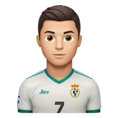 Cristiano Ronaldo emoji with characteristic hairstyle, confident expression, wearing football jersey sticker