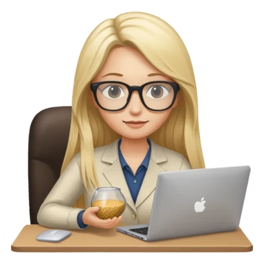 a blondie woman with long hair working with a computer laptop and a grains vessel around sticker