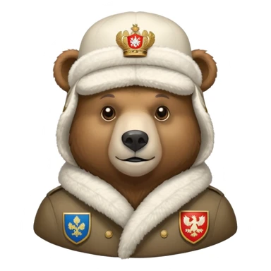 Just the head of a bear wearing white ushanka hat with detailed Russian coat of arms emblem centered on hat, iOS emoji style sticker