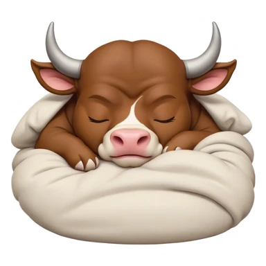 meme-worthy-cute-sleeping-domestic-bull-portrait-emoji,-head-resting-peacefully-with-a-contented-smile,-showcasing-a-robust,-muscular-build-and-a-luxuriously-soft-coat,-eyes-gently-closed-in-serene,-restful-slumber,-simplified,-solid-brown sticker
