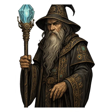 master in artificial intelligence, alchemist wizard, long beard, holding a staff with a technological crystal, details of gears and chips, transparent background sticker