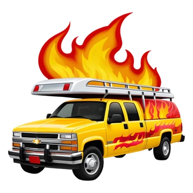 Yellow 1997 Chevrolet C-2500 Crew Cab with dramatic airbrushed red flame artwork flowing from front to sides, detailed flame design exactly like Kill Bill's Pussy Wagon, 30-degree view, iOS emoji style sticker