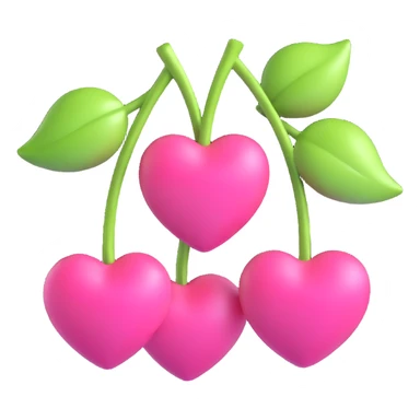 Two pink heart-shaped cherries with a pink ribbon bow, shiny and glossy, in 3D iOS emoji style on a white background. sticker