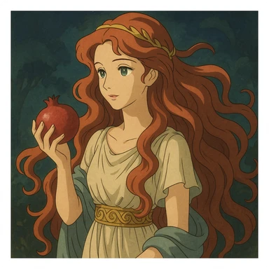 Persephone depicted with flowing red hair, holding a pomegranate, ancient Greek attire, mystical and enchanting sticker