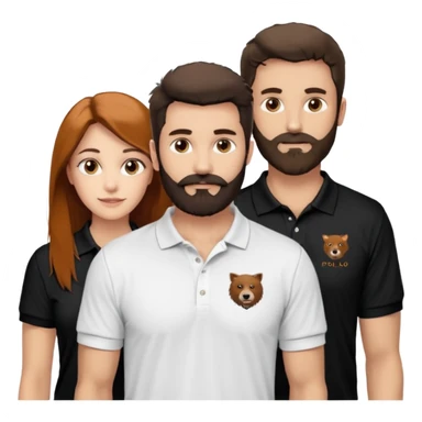 Criar Casal - Homem branco de cabelo liso e olhos marrom, com barba, expressão séria usando camiseta polo preta e mulher de pele branca cabelo cacheado marrom longo e olhos mel, usando uma regata branca, quero ela sorrindo sticker