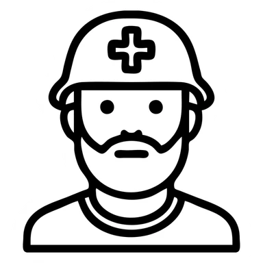 bearded man, red medic helmet, minimal style, white cross, bold lines, flat colors sticker