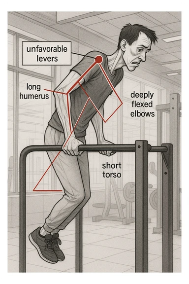 a tall, lean man with very long arms and a short torso attempts a dip on parallel bars. His elbows are deeply bent and his body appears awkwardly positioned, highlighting the mechanical disadvantage. An overlay shows anatomical lines and angles, with labels explaining “unfavorable levers.” The background is a modern gym, with a focus on biomechanics. sticker