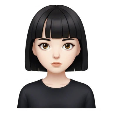 A white and pale girl with short black hair and fringe with light brown eyes looking like a porcelain doll with black clothes sticker