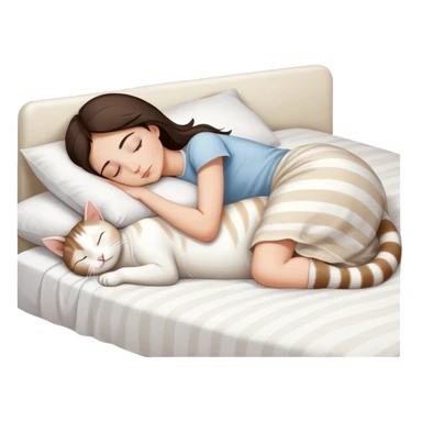 side view Brunette teenage girl sleeping with white cat that has beige stripes on a white pillow with white sheets sticker