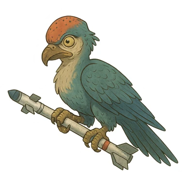 an insignia for a flag: a strange foreign alien bird creature, gripping a sidewinder missile in its' powerful claw
 sticker