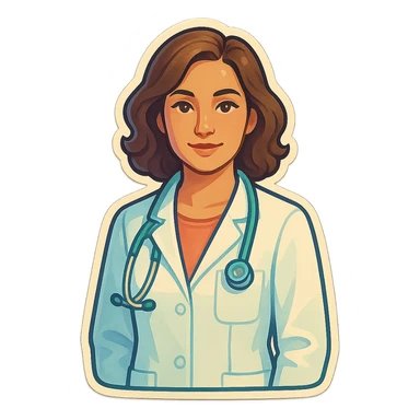 female medical coat, front view, straight angle, looking at camera, retro stickers style, soft rounded shapes, clean contours, pastel palette, detailed shadows and highlights, modern illustration, transparent background sticker