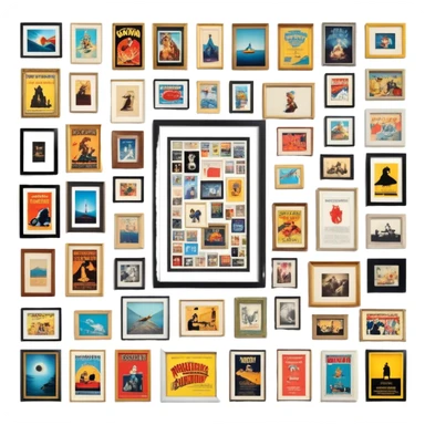Icon for Photograph and Poster Collecting: a collection of photographs and movie posters, neatly displayed on a wall or in frames. The icon should evoke the nostalgia and artistic value of collecting rare images and posters. Transparent background. sticker