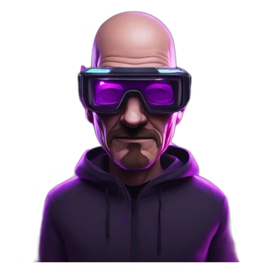 Walter White wearing a black hoodie with "OMG" letters on it and VR headset in a cyberpunk VR environment with violet neon lighting. sticker