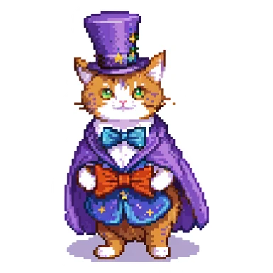 A magician cat in a top hat, a bowtie and a purple cape with stars sticker