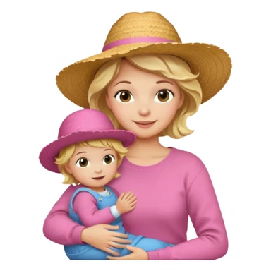 A cheerful wavy short blond hair mom in a straw hat carrying her child, wearing a pink sweater sticker
