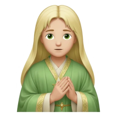 a young bishop, green eyes, long blonde hair, light green wide, flowing outer robe. hands clasped together, gazing thoughtfully. Soft light, subtle fern. Waist-up, profile. sticker