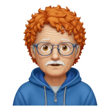 old man, orange curly hair, no mustache, wearing glasses, long face, wearing a blue hoodie sticker