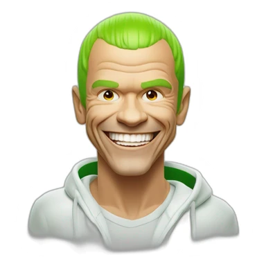 Michael “Flea” Balzary faceshot, with neon green short hair, smiling with gap in front teeth, bass player for Red Hot Chili Peppers sticker