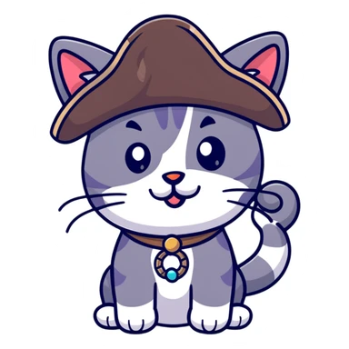 pirate cat with tricorn hat, beads in fur, mischievous expression sticker