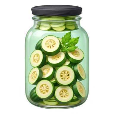 A homemade-style jar with sliced zucchini and herbs under a cloth cap.









 sticker