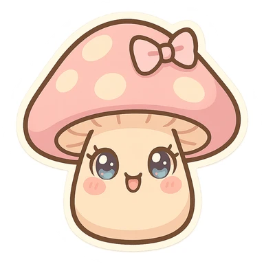 chibi sticker-style mushroom with a girly vibe, pastel colors, big eyes, cute and exaggerated sticker