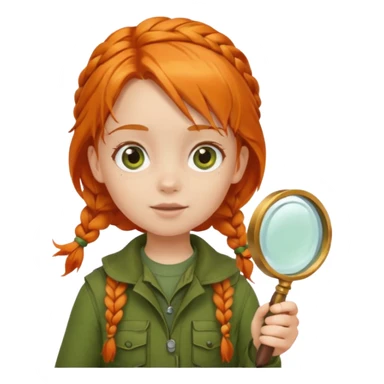 braid orange haired girl kid in moss green explorer outfit, holding magnifying glass sticker