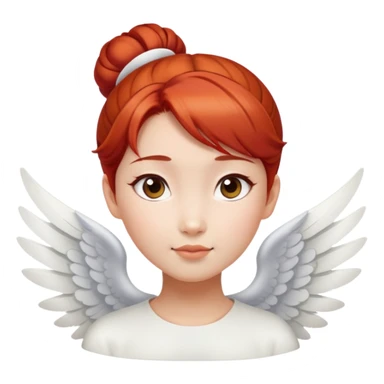 Asian angel with red hair in bun, oval face, and white wings sticker